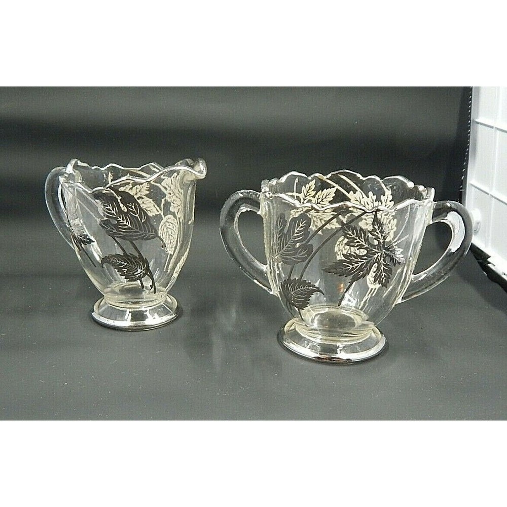 Silver City Glass Creamer and Sugar Forest Pattern Overlay